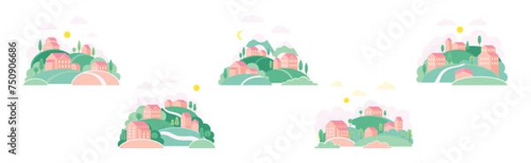 Fototapeta Small Town Scenes with House on Hills with Tree Vector Set