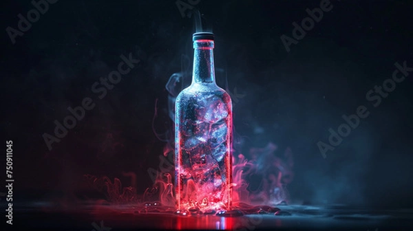 Obraz Against a backdrop of darkness, a bottle of vodka emerges from the freezer, its frosty surface bathed in neon lights against a sleek black background, creating a captivating and immersive scene.