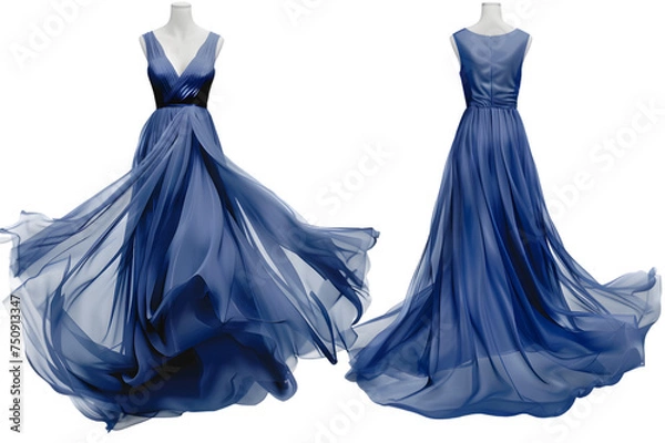 Fototapeta Front and back view of a royal blue maxi dress template. Elegant and sleeveless, mockups for design and print, isolated on a white or transparent background. 