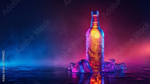Fototapeta A frosty bottle of vodka from the freezer stands illuminated by neon lights against a black background, its icy exterior reflecting the vibrant hues, creating a mesmerizing visual display.