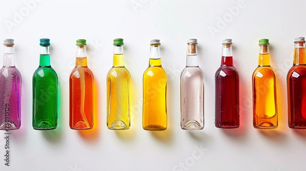 Fototapeta Colorful bottles of various drinks stand out against a pristine white background, creating a visually appealing display of beverage options.