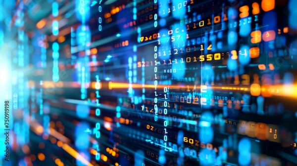 Fototapeta dynamic data stream background with glowing binary code traveling across a network of servers