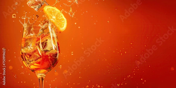 Fototapeta An Aperol Spritz cocktail with splashes, on an orange background with copy space for text