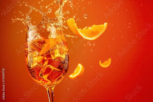Fototapeta An Aperol Spritz cocktail with splashes, on an orange background with copy space for text