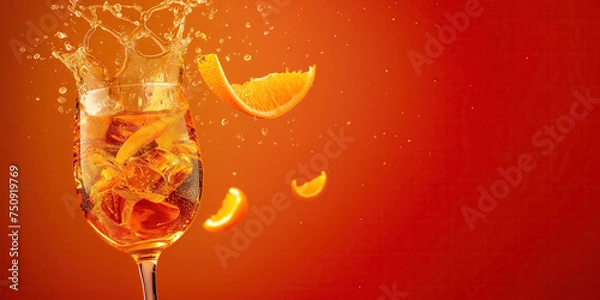 Fototapeta An Aperol Spritz cocktail with splashes, on an orange background with copy space for text