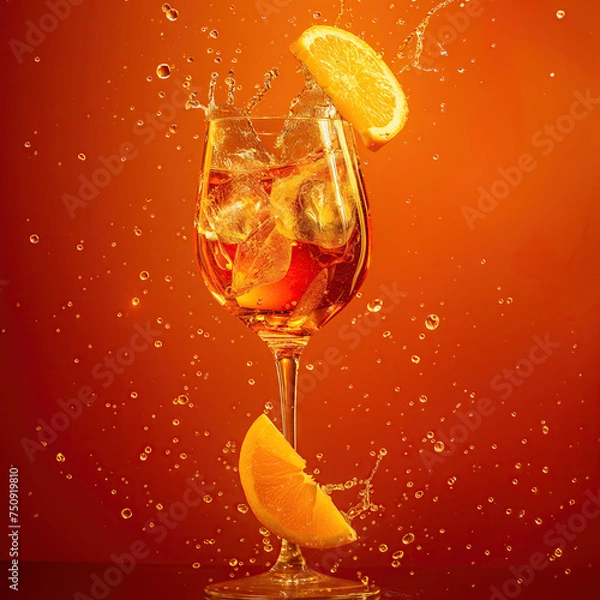 Fototapeta An Aperol Spritz cocktail with splashes, on an orange background