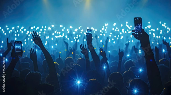 Fototapeta Back view silhouettes of people with hands up holding illuminated flash lights and candles , stage during music performance, new year , eve, celebration , party, concert 
