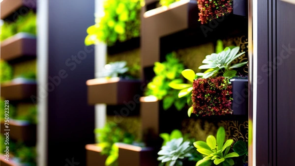Obraz Beautiful and modern vertical garden with different types of plants and flowers in an ecological building.