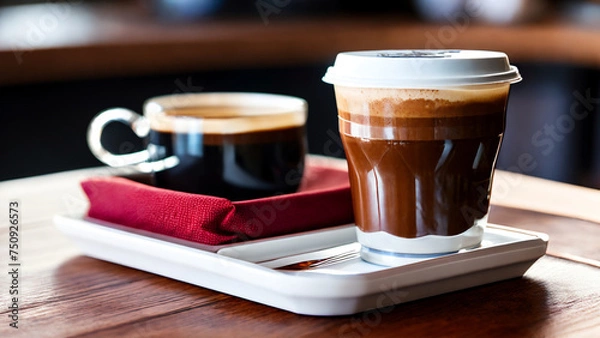 Obraz Coffee to-go cup and mug on a cafeteria table.