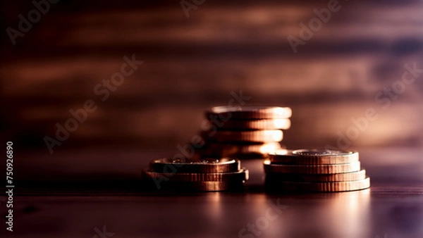 Obraz Elegant dark wood table with stacks of coins in concept of economy, savings and investment.