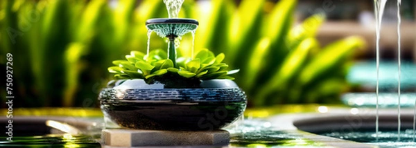 Obraz Background with a nice black colored fountain of water jets in a garden with green plants and fresh environment.