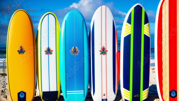 Obraz Colorful surfboards drying in the sun on the sandy beach with the sea in the background.