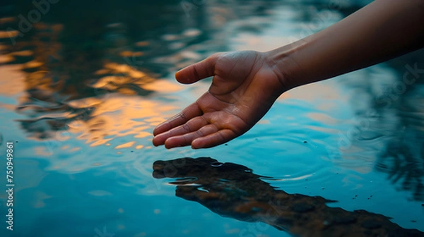 Fototapeta Human Hand Gently Touching Water Surface with Reflection