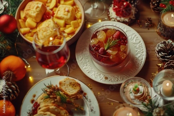 Fototapeta Table set with food and wine, suitable for restaurant menus or dining promotions
