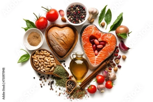 Fototapeta A variety of food including fish, vegetables, nuts, and spices. Perfect for food and cooking concepts