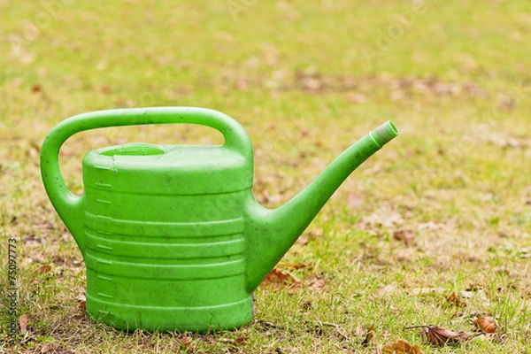 Fototapeta Eine grüne Giesskanne aus Kunststoff steht auf einer Rasenfläche