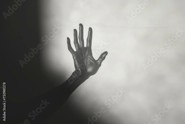 Fototapeta Human shadow hand overlay. Black hand shadow on grey dark background. Generate ai