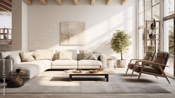 Fototapeta A spacious living room featuring customizable furniture and neutral tones