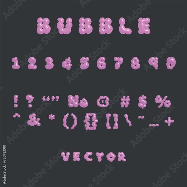 Fototapeta 3D bubble font alphabet numbers and signs in y2k style. Pink inflated type text isolated on dark grey background. Vector realistic