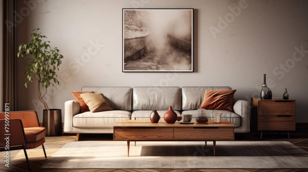 Fototapeta A stylish living room with textured walls and a mix of contemporary and classic furniture, including a grey couch and a glass-top side table