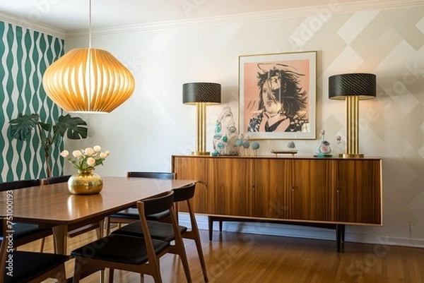 Fototapeta Geometric Wallpaper Delight: Vintage Console Tables & Retro Lighting in Chic Dining Area
