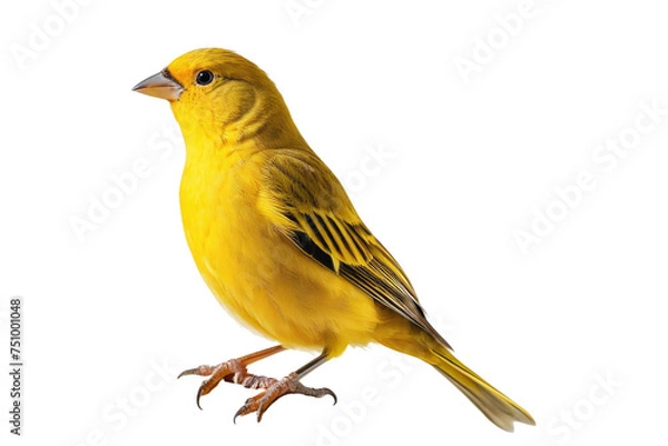 Fototapeta Canary perched, full body view, isolation against a pristine white background, stock photography, detailed plumage texture, focus on eyes, natural pose, soft shadow casting, high resolution