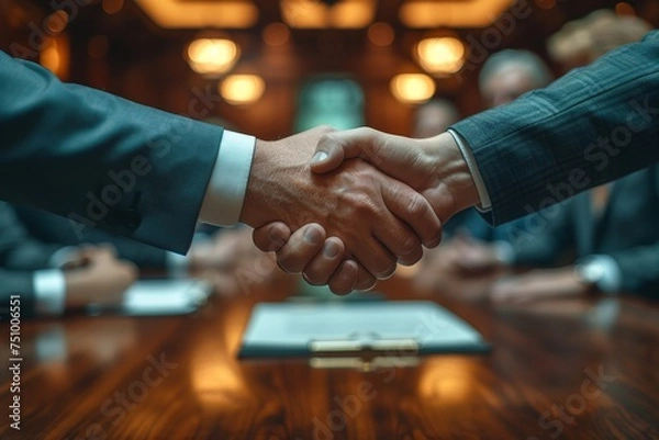 Fototapeta Professional partners shake hands, closing deal in workspace