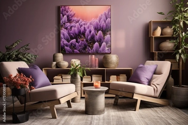 Fototapeta Modern Lavender and Rose Planters: Contemporary Lounge with Functional Furniture in Warm Tones