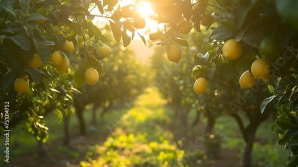 Obraz Serene Orchard, sunlight, filtering through, lemon tree canopy, citrus grove