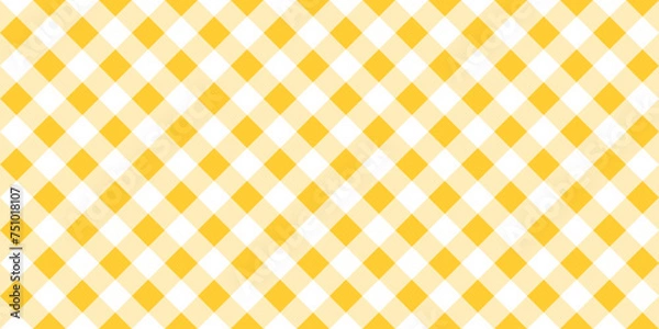 Fototapeta Picnic plaid texture. Diagonal gingham pattern with yellow and white squares. Tablecloth, oilcloth, basket napkin, blanket, handkerchief, kitchen towel print. Flannel, linen or cotton material design.