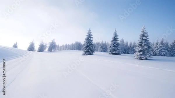 Fototapeta a snowy landscape with trees and a blue sky