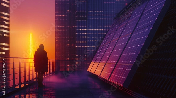 Fototapeta Man standing next to the solar pannel in neon lights