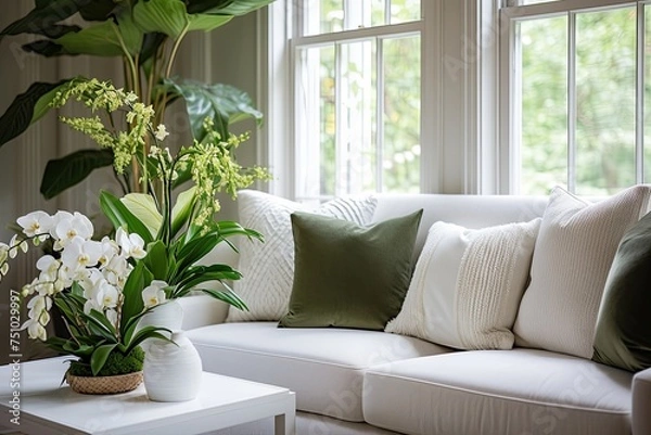 Fototapeta Lush Fern and Orchid Displays in Modern Living Room with Vibrant Green Ferns Next to White Sofa