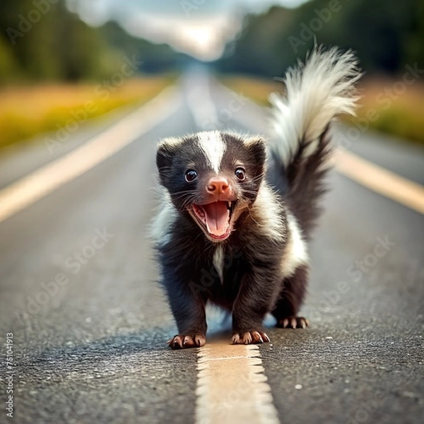 Fototapeta A skunk cub walks along the highway. right at you on the way road