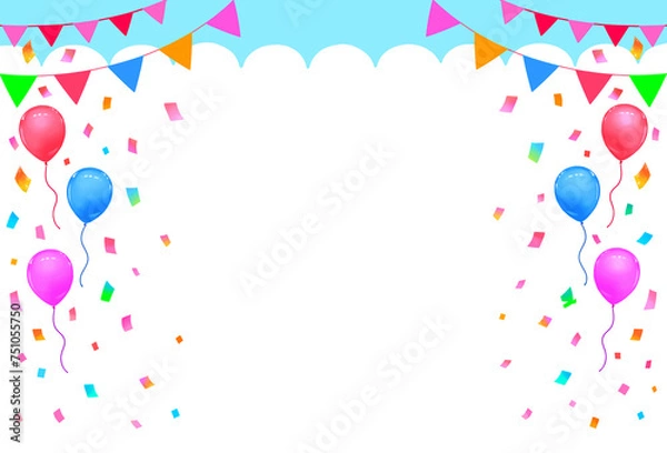 Fototapeta イベントフレーム　背景素材　飾り枠　ガーランド　バルーン　紙吹雪　青空　フェスティバル　キャンペーン　バースデー　行楽　ゴールデンウィーク　シルバーウィーク　運動会　入学　入園　白背景　透過