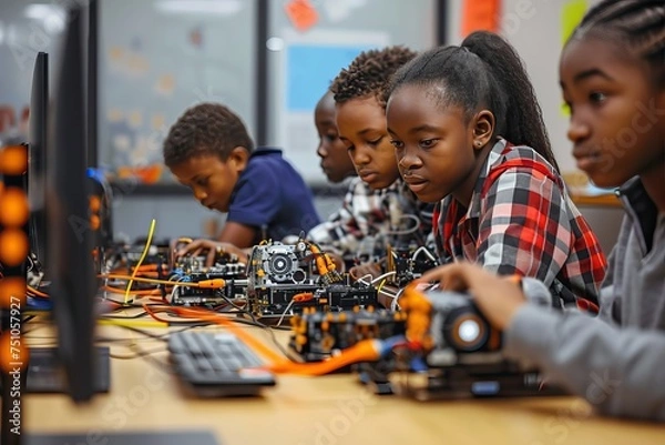 Fototapeta Group of african american students building and programming electric toys and robots at robotics classroom