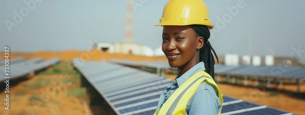 Obraz The brilliance and trailblazing spirit of an African female engineer as she stands confidently in a hard hat in front of a sprawling solar park site. under construction.