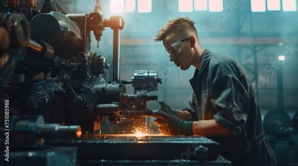 Fototapeta Manual control. Young metal engineer in protective glass working on milling machine