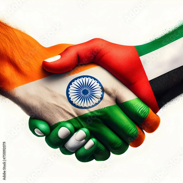 Fototapeta a Handshake with India and UAE flag blended on it 