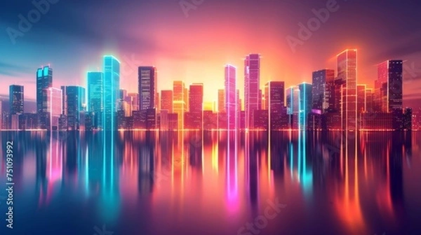 Fototapeta Futuristic cityscape with neon-lit skyscrapers reflecting on a glassy surface