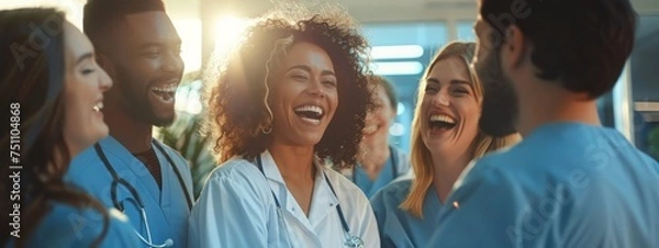 Fototapeta Group of medical professionals laughing together, symbolizing a harmonious team spirit in a healthcare setting.

