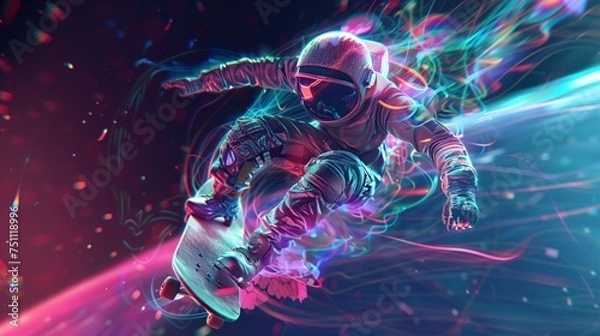 Fototapeta visualization art Wrapping a stylish astronaut skateboarder's invisible body in beautiful complementary colors reflective digital energy Mathematical show Set apart.