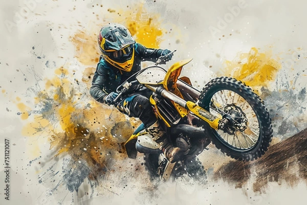 Obraz A motocross athlete in action, yellow splash watercolor