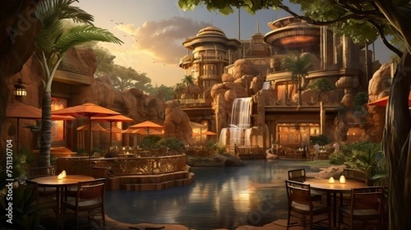 Fototapeta A desert oasis with a palm tree and a watering hole
