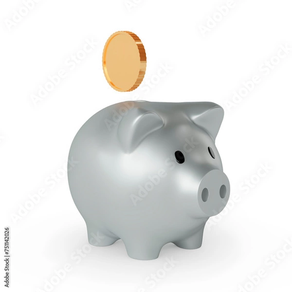 Obraz Silver piggy bank with a gold coin. 3D rendering.
