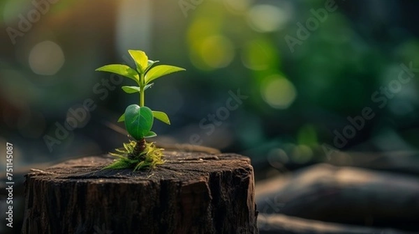 Fototapeta mini plant sprouting from and old dried tree stump, hope for life concept, abstract background