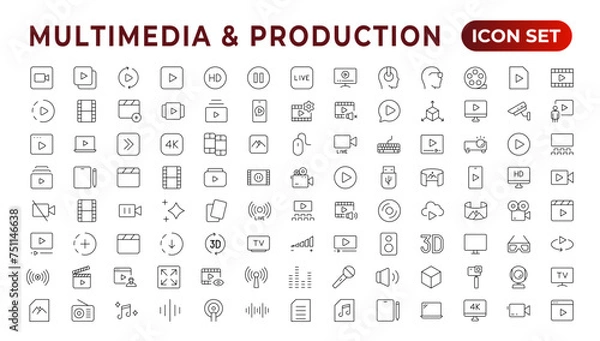 Fototapeta Multimedia & Production icon set. Cinema icon set. Movie sign collection. Set of cinema, movie, video icons, collection film, TV. Popcorn box package Big movie reel. Outline icon set collection.