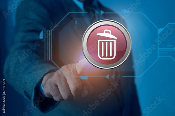 Fototapeta Businessman finger pushing red delete button on virtual touchscreen interface, Deleting business data concept.