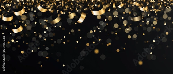 Fototapeta Festive vector with shiny shining golden particles spread sparkling golden bokeh light on Black background