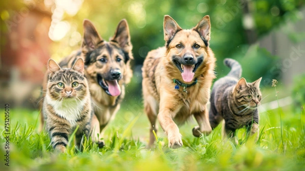 Fototapeta Dogs and cat in the field of grass, running and playing together